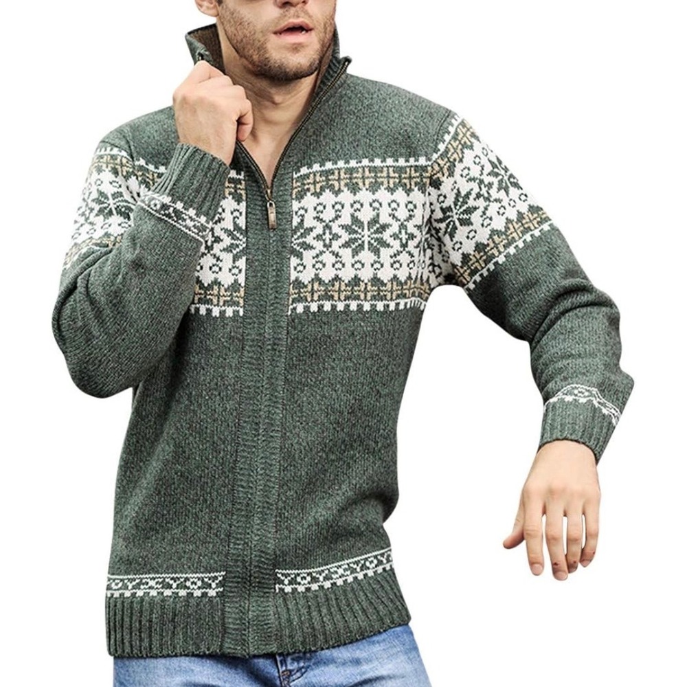 Mens Fair Isle Snowflake Zip Up Sweater Jacket Green Tan White Size M Winter